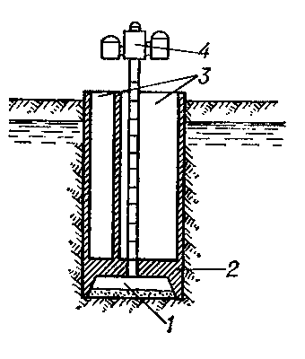 Рис. 2. Кессон — опускное сооружение: 1 — рабочая камера; 2 — кессон; 3 — надкессонное строение; 4 — шлюзовой аппарат.