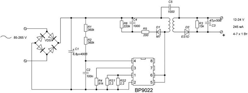 Схема драйвера для светодиодов от сети 220 В с использованием микросхемы