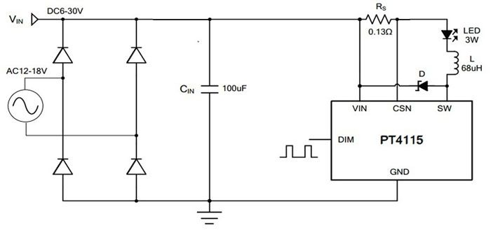 Простая схема драйвера для светодиодов с PT4115 с регулятором яркости
