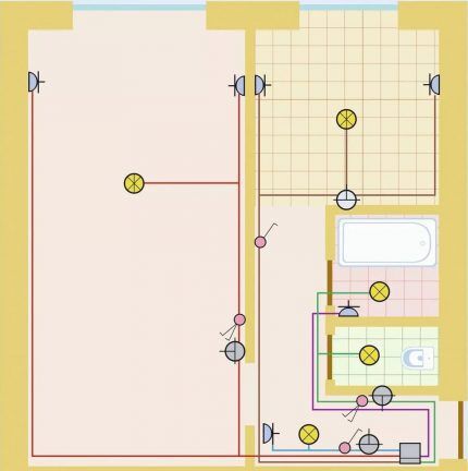Вариант схемы проводки для 1-комнатной квартиры 