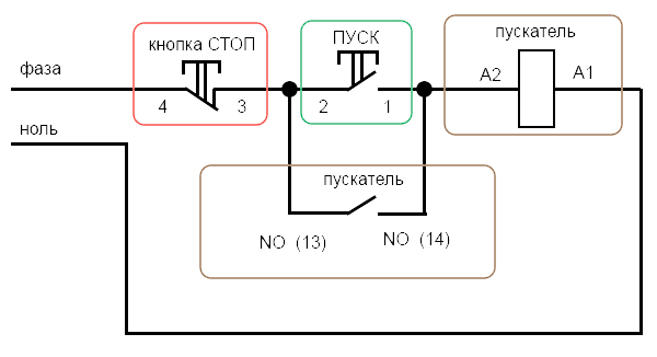 Схема подключения контактора через кнопку пуск стоп